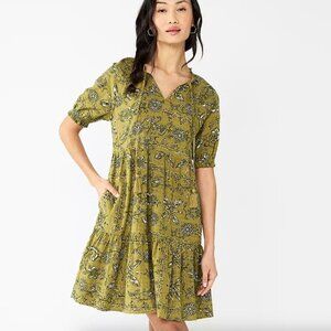 Sonoma Green Floral Elbow Sleeve Tiered Boho Babydoll Dress